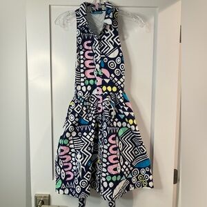Tori Richard blue geometric shirt dress, fit and flare, size 4